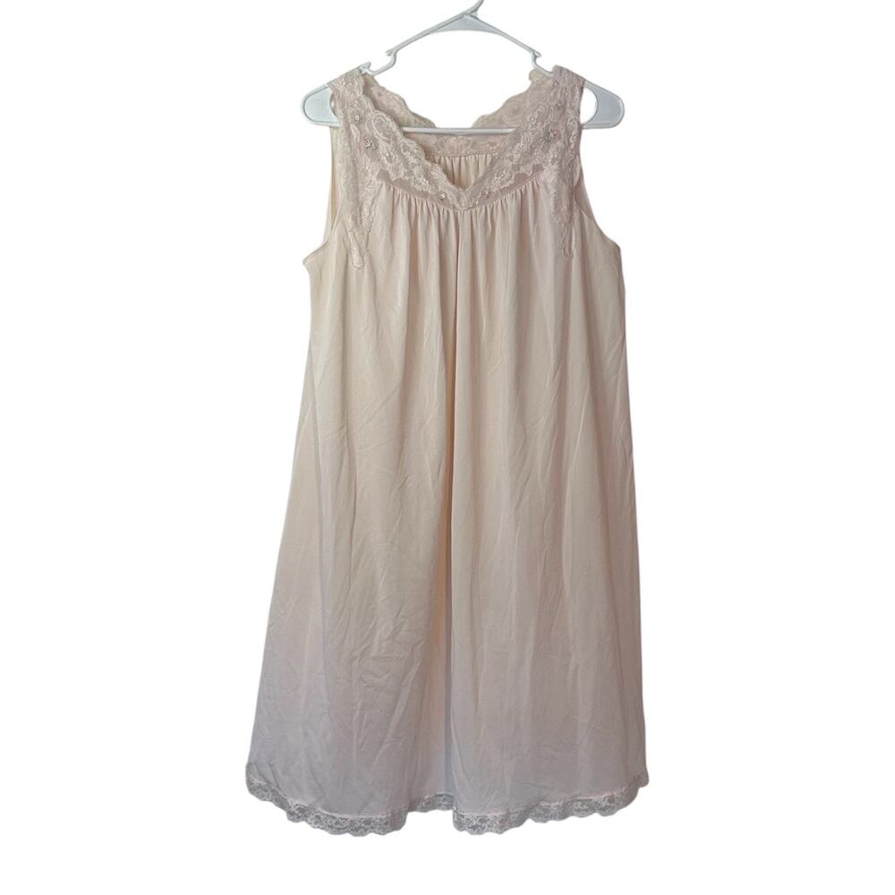 Shadowline Vintage 70s Pink Lace Nightgown Size M Pale‎ Pink Feminine Coquette